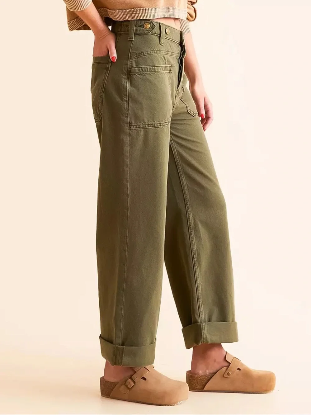 Free People Palmer Wide Leg Cuffed Jean Size 31 Green Wash